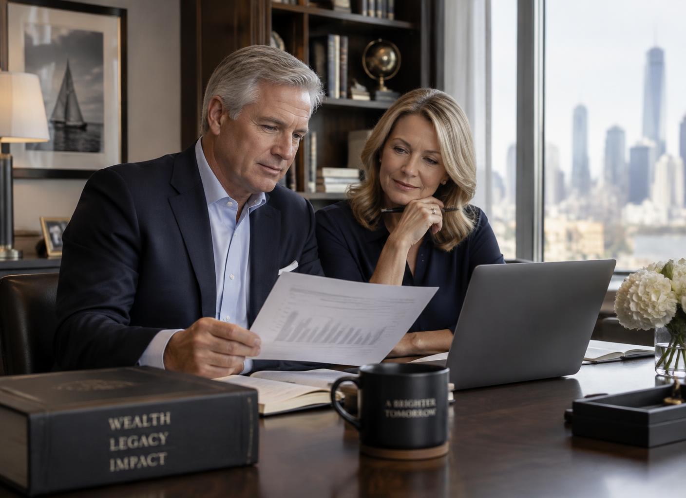 Couple reviewing financial documents in a home office